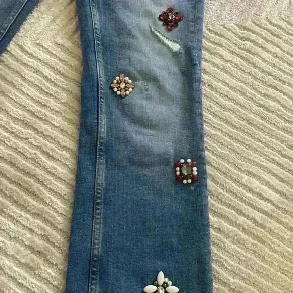 Zara  High Rise Denim Blue Sparkly Bead Rhinestones Jewellery Distressed Size 4 - Picture 3 of 8